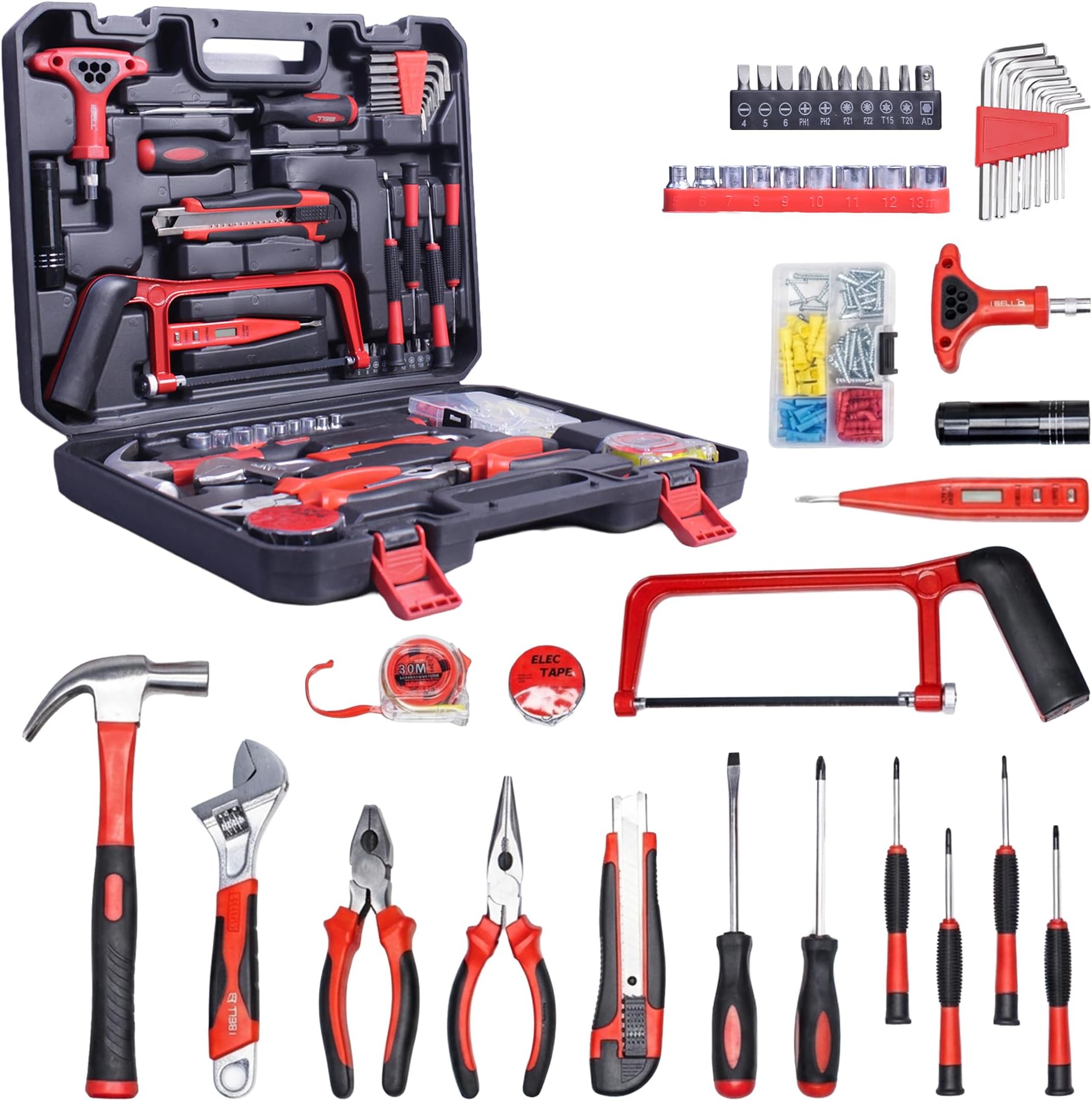 IBELL TB145-9 145-Piece Socket Wrench Tool Kit | Complete Auto Repair & Home Tool Set with Ratchet, Sockets, Screwdrivers & Accessories | Heavy-Duty Chrome Finish with Storage Case (Orange/Black)