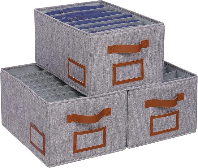 OUTBROS 3 Pcs Wardrobe Clothes Storage Organiser, Large 7 Grids Jeans Drawer Organiser, Foldable Closet Organiser, Fabric Wardrobe Organiser Drawer Dividers for Jeans, Pants, Sweater, Grey