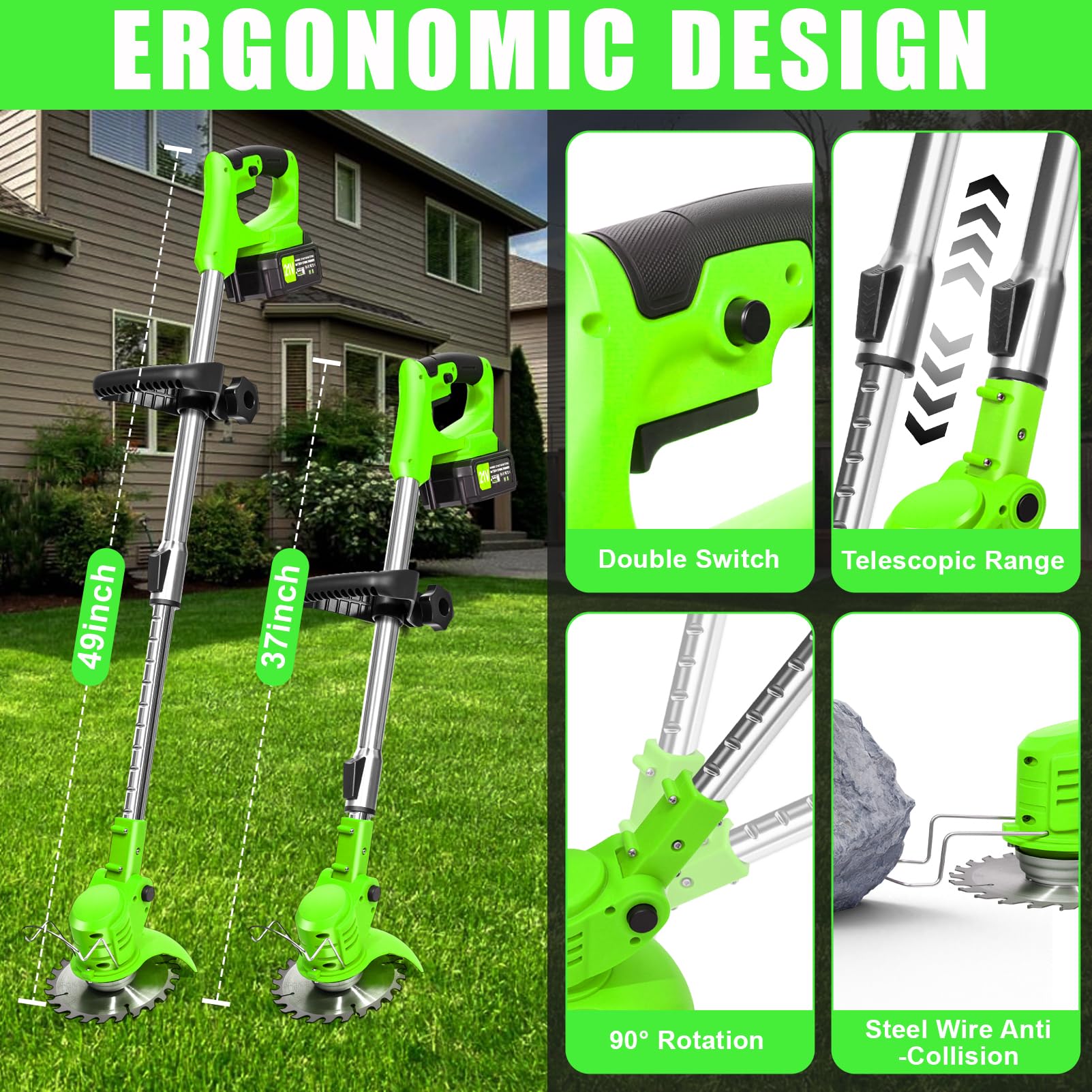 Cordless Strimmer Garden Strimmer Battery Strimmers Cordless Equipped With 2 Rechargeable Batteries 3-In-1 Strimmer Cordless Grass Trimmer Grass Cutter Low Noise Electric Garden Strimmer — view 4