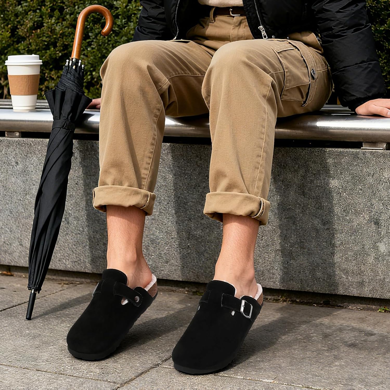 KIDMI Women's Fur Lined Suede Clogs Fuzzy Cork Footbed Mules Slip On Winter Potato Shoes - Image 2