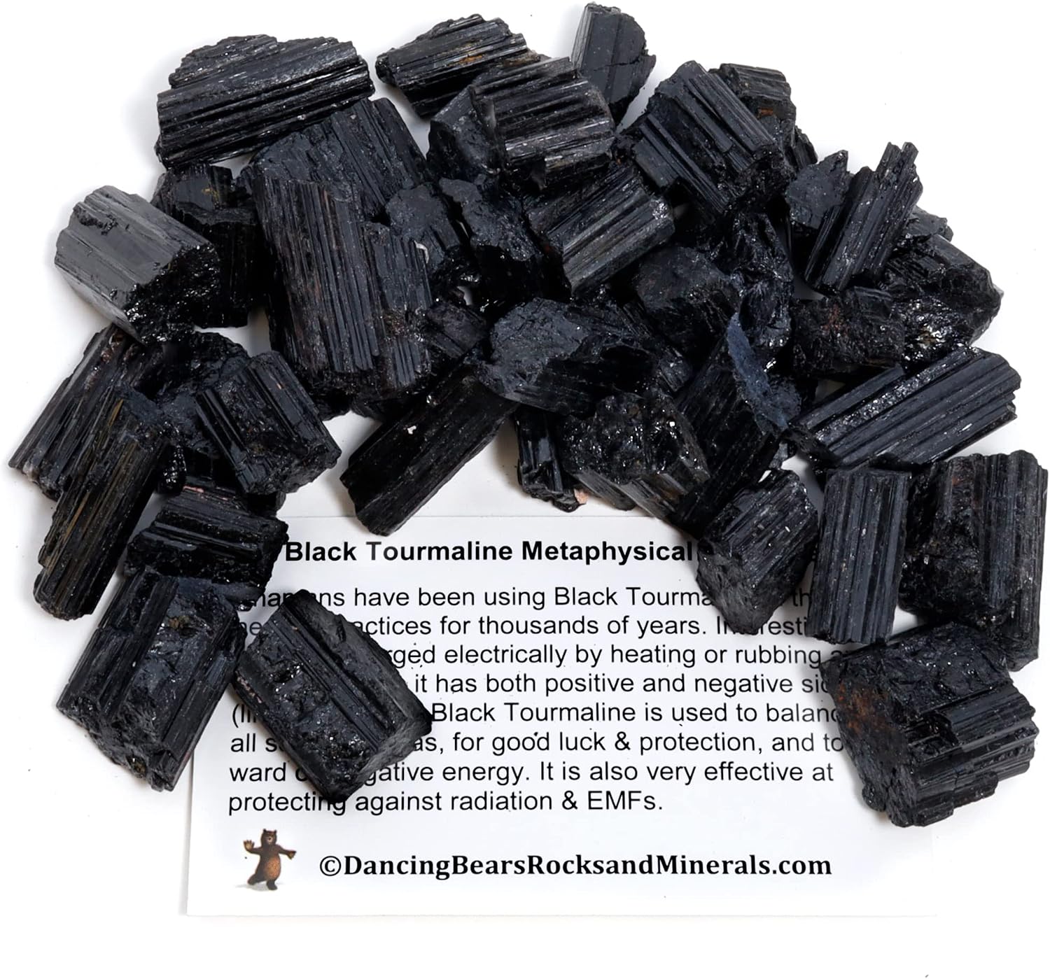 DANCING BEAR Black Tourmaline Crystals Bulk (1/2 LB Small Pieces), Includes: (1) Selenite Stick & Information Cards, Rough Raw Natural Stones for Good Vibes, Reiki Energy, Made in USA