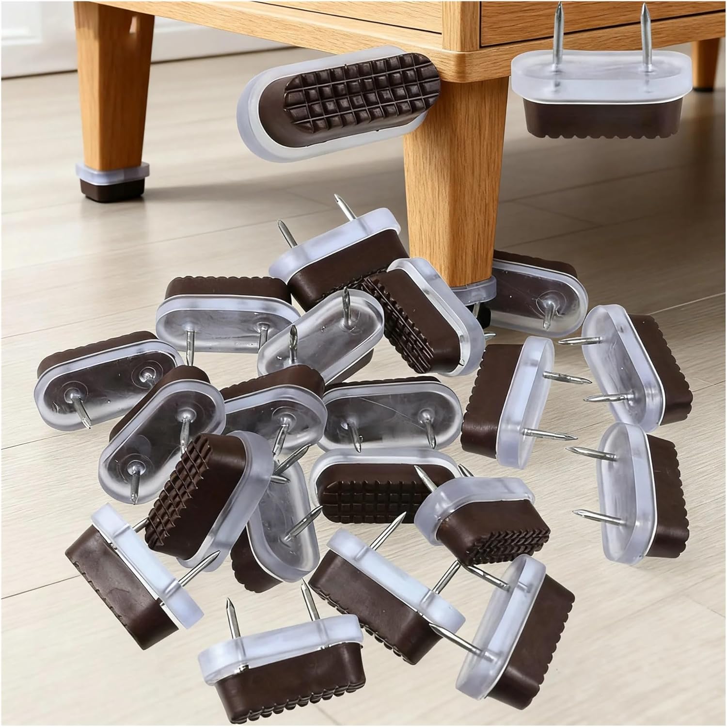 Chair Leg Floor Protectors 50Pcs Nail in Furniture Glides Square, Nylon Chair Table Leg Protectors Feet Sliders for Wood Floors (Brown)(White)