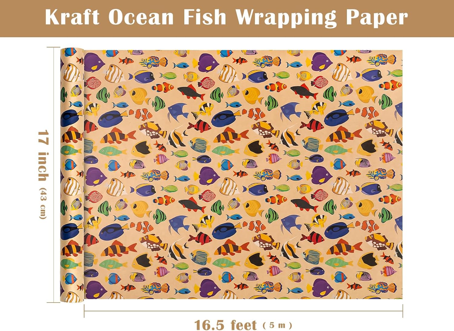 WRAPAHOLIC Kraft Ocean Fish Wrapping Paper Roll - Mini Roll - 17 Inch x 16.5 Feet - Various Fish Theme Ocean Wrapping Paper Perfect for Baby Shower, Kids Boy Girl Birthday image 3