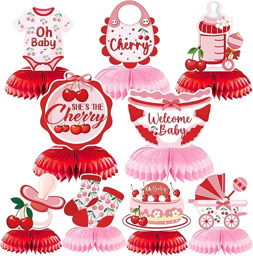 Cherry Baby Shower Decorations for Girls, 9PCS She's the Little Cherry Theme Honeycomb Centerpieces Decor, Cherry Welcome Baby Party Table Decoration Supplies Kids