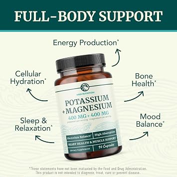Potassium Magnesium Supplement | High Strength Electrolyte Balance for Heart Health & Muscle Support | 400 MG Potassium + 400 MG Magnesium | Energy, Bone Health, Sleep & Mood Support | 90 Ct.