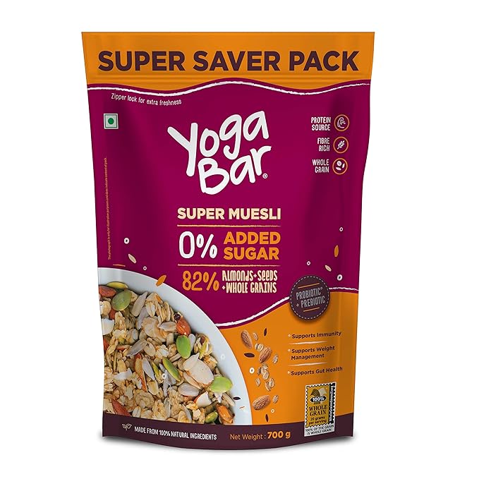 Yogabar Super Muesli, No Added or Hidden Sugar, Breakfast Muesli with Probiotics & Prebiotics, 82% Almonds + Whole Grains + Chia Seeds + Flax Seeds, 700g