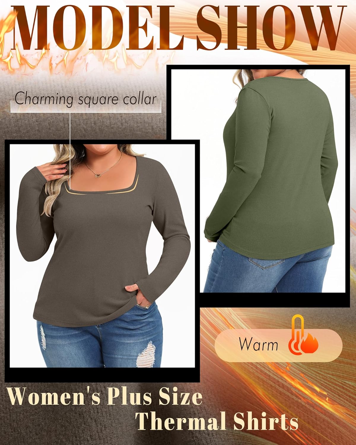 3 Pack Women's Plus Size Thermal Shirts Fleece Lined Long Sleeve Square Neck Slim Tops Underwear Base Layer Winter - Image 5