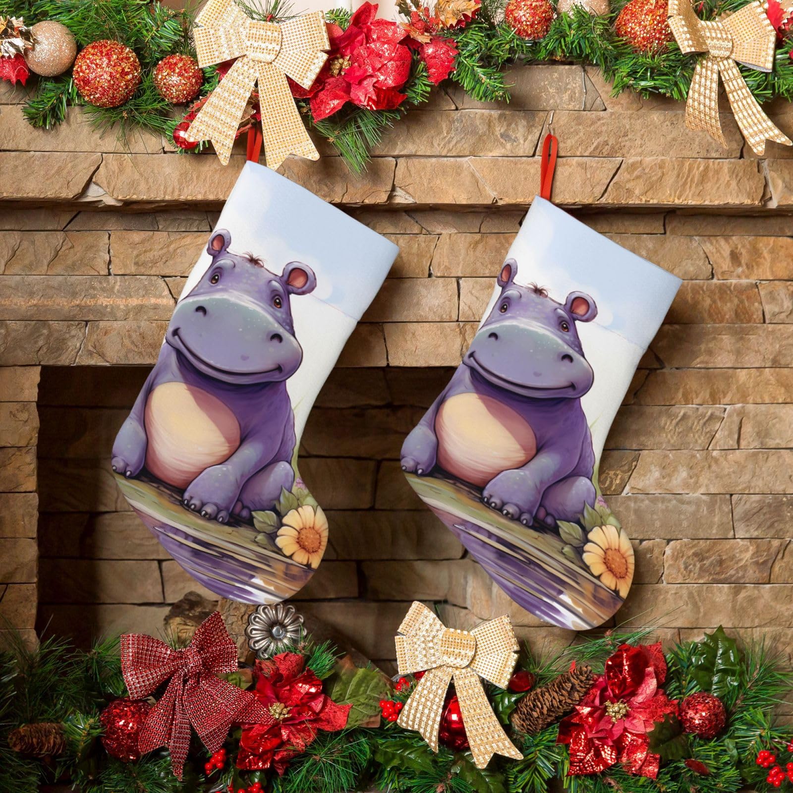 KLOPH Christmas Stockings 18" Personalized Xmas Stocking Butterfly and Hippo Decoration Stocking Hanging Fireplace Stocking for Holiday Xmas Tree Christmas Fireplace Decor