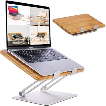 HENNEZ Laptop Stand Wood Height Adjustable - Notebook Stand/MacBook Stand - Laptop Holder, Riser for Desk - Laptop Stand