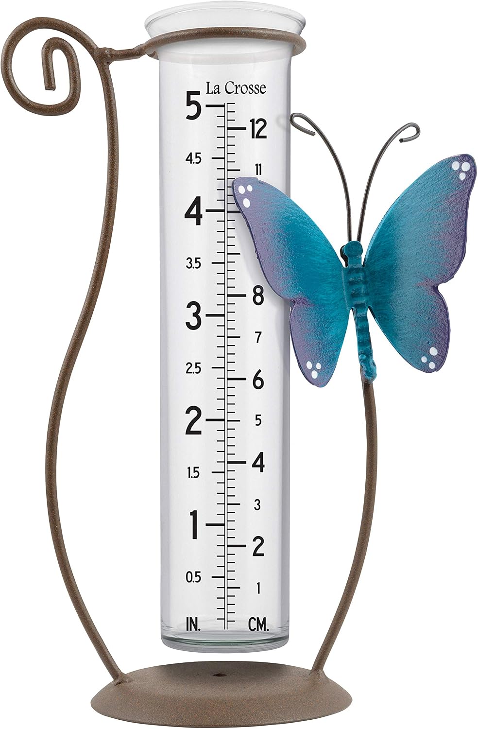 La Crosse 704-71077-INT 5 inch Capacity Glass Blue Butterfly Rain Gauge