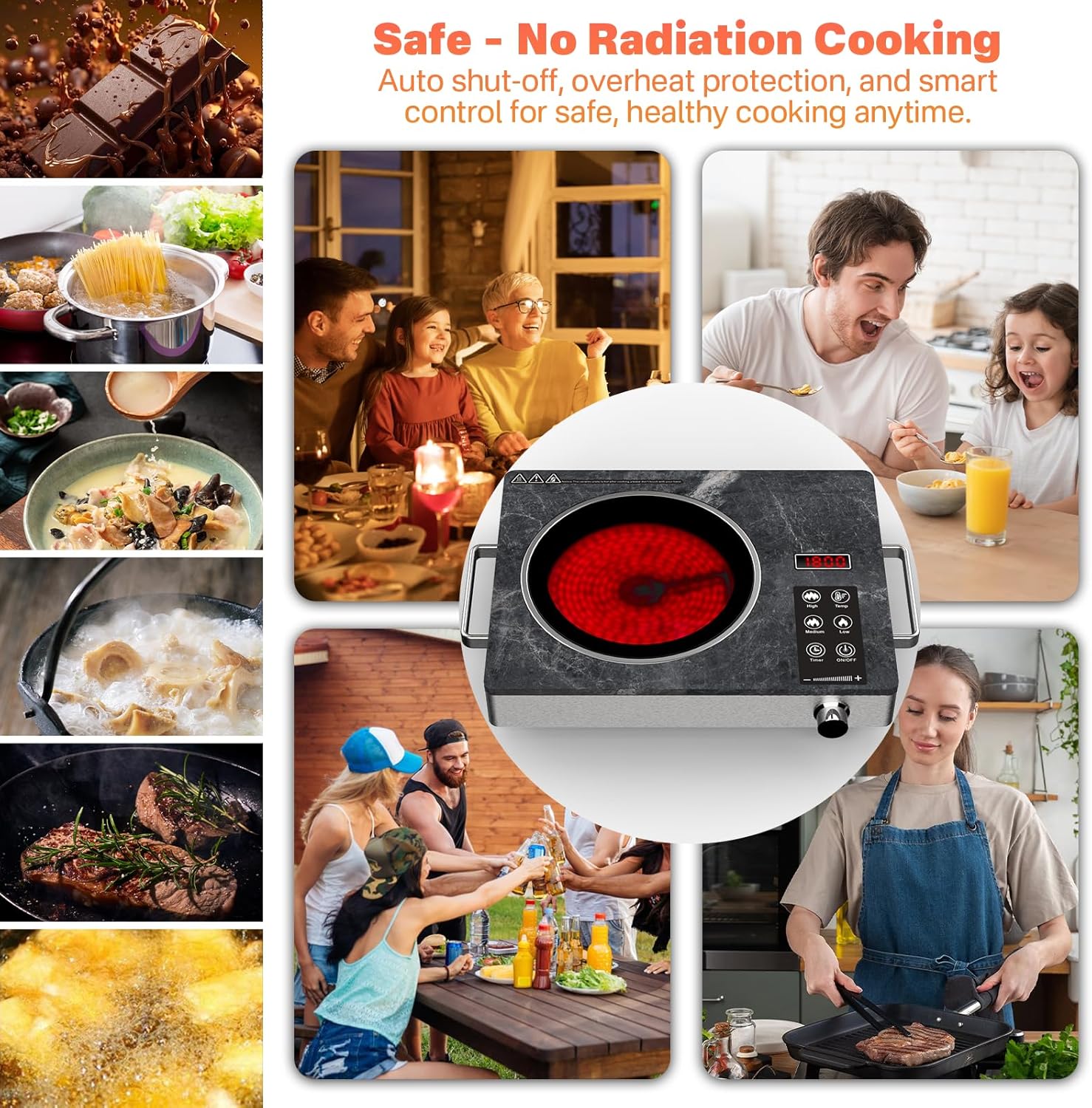 1800W Single Burner Electric Stove Top, Portable Infrared Electric Cooktop with Marble Glass, 110V Ceramic Hot Plate, Countertop Burner with Timer & Knob Control, 18 Levels Power Settings