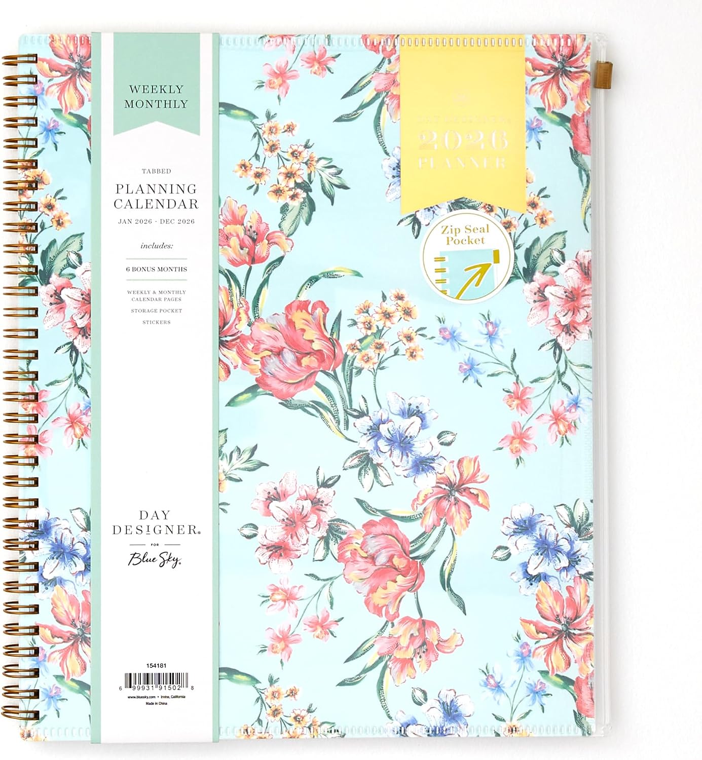 Blue Sky Day Designer 2026 Weekly and Monthly Planner Calendar, January 2026 – December 2026, 8.5″ x 11″, Flexible Cover With Zip Pouch, Durable Twin Wire Binding, Storage Pocket, Includes Stickers, Tulip Garden Mint