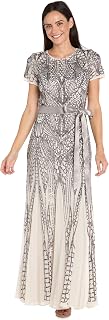 R&M Richards Women's Elegant Art Deco Sequin Evening Dress W/Godet Skirt & Ribbon Sash - Cocktail Party, Wedding Guest Gown