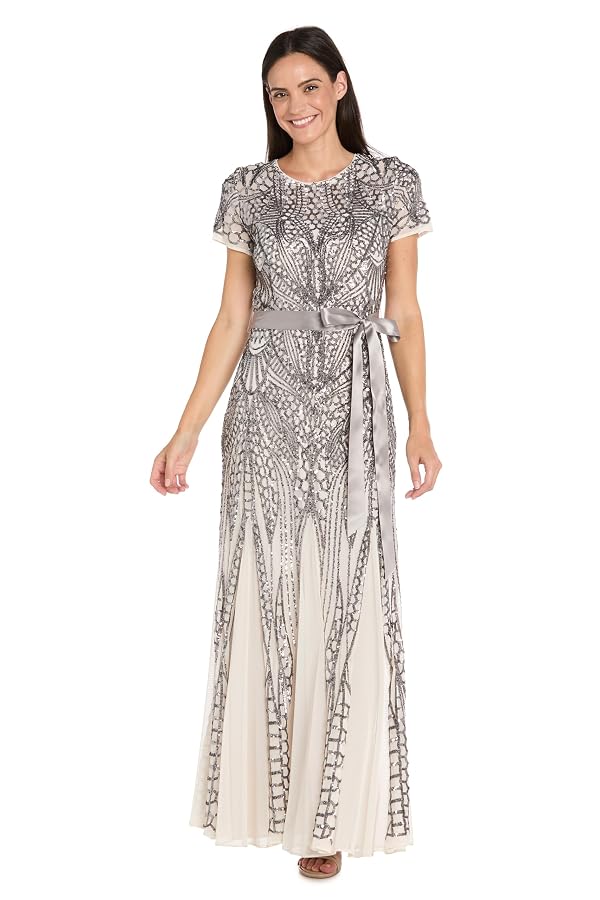 R&M Richards Women's Elegant Art Deco Sequin Evening Dress W/Godet Skirt & Ribbon Sash - Cocktail Party, Wedding Guest Gown by R&M Richards - Used condition - US$182.60