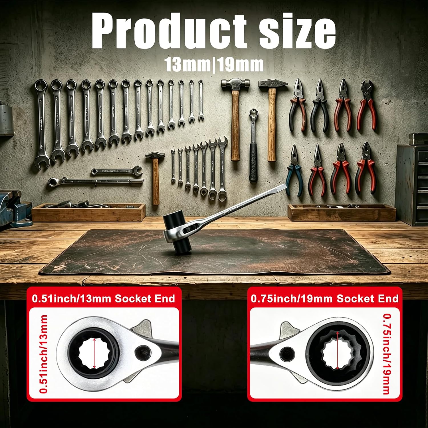 Chainsaw Maintenance T-Bar Wrench, Dual 13mm & 19mm Ratchet Socket Wrench, CR-V Steel Multi-Function Spanner with Punch End, Portable Repair Tool for Chainsaw, Scaffolding & Equipment Maintenance