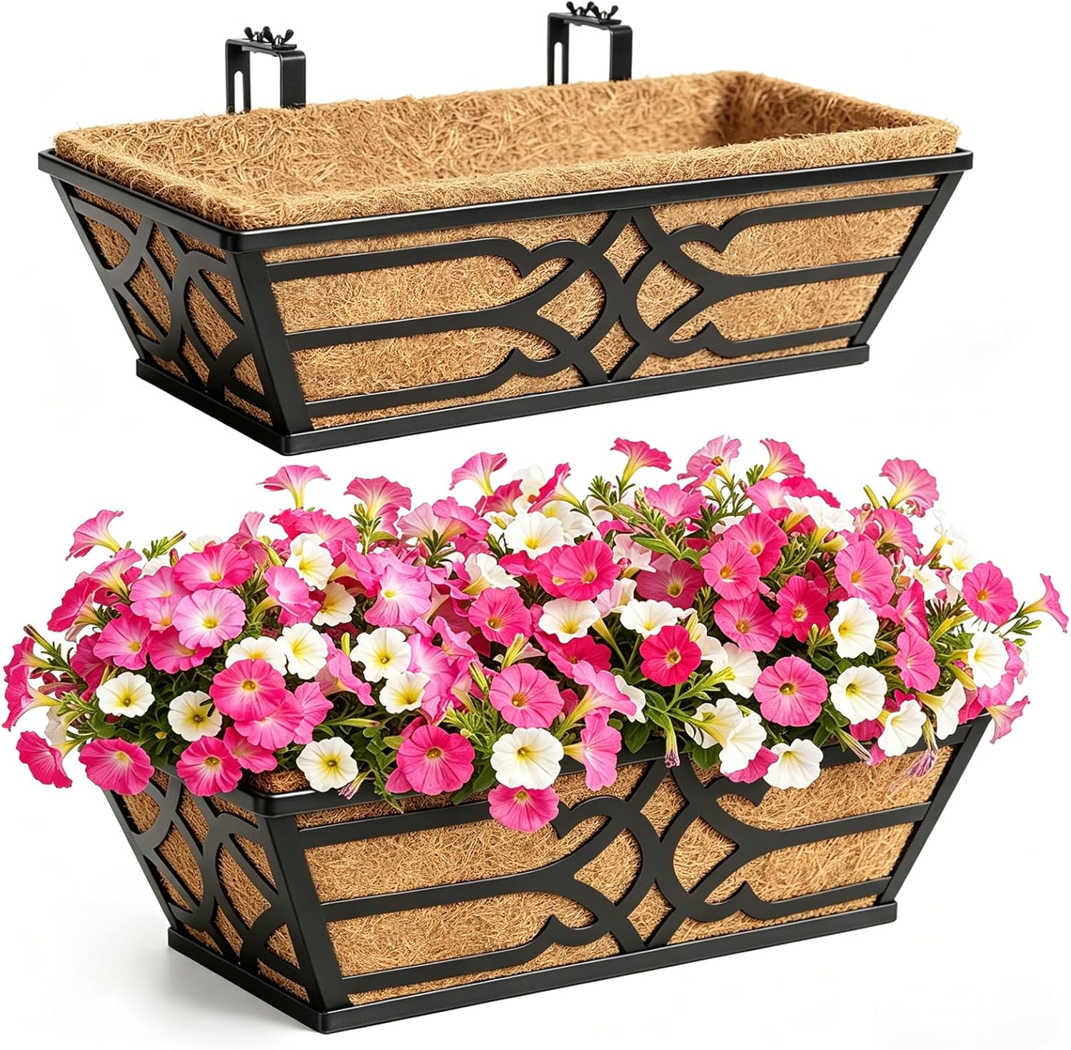 2 Pack 16 Inch Railing Planter Boxes with Coco Liner, Window Boxes Planters for Deck Railing, Metal Hanging Flower Pot Holder for Apartment Balcony Decor and Fence Post Railing