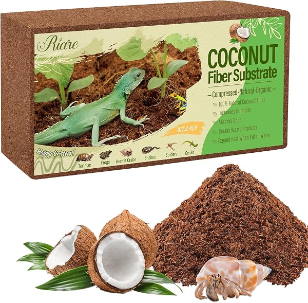Riare 1 Pack Natural Coconut Fiber Substrate for Reptile Coco Substrate Premium Compressed Coconut Husk Terrarium Bedding for Reptile, Tortoise, Frogs, Snakes Hermit Crabs, Burrowing Animals - 1