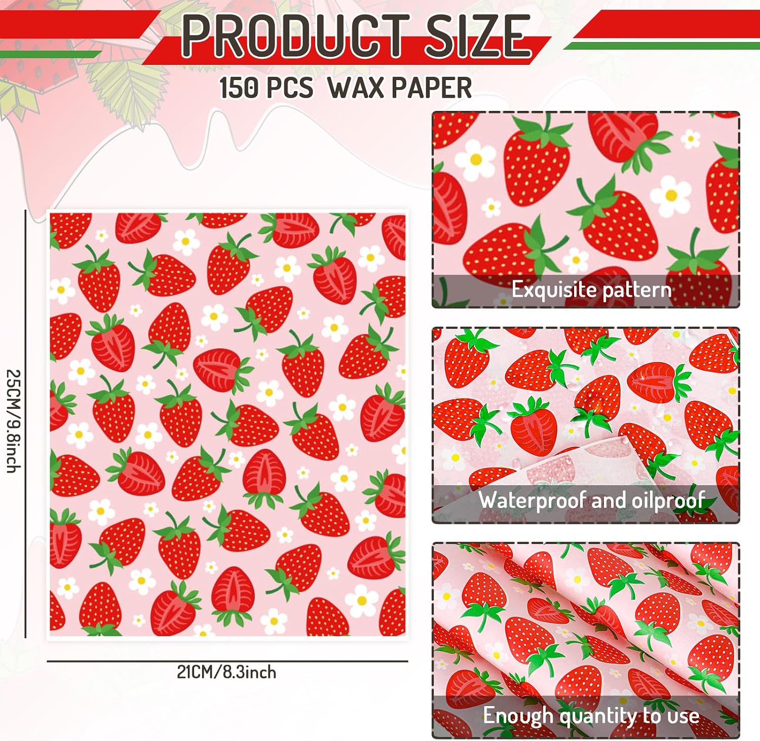 JarThenaAMCS 150 Sheets Strawberry Wax Paper Cute Summer Fruit Spring Daisy Food Wrapper Tissue Pink Red Waterproof Oil-Proof Deli Paper Basket Liners for Home Kitchen Restaurant Baking