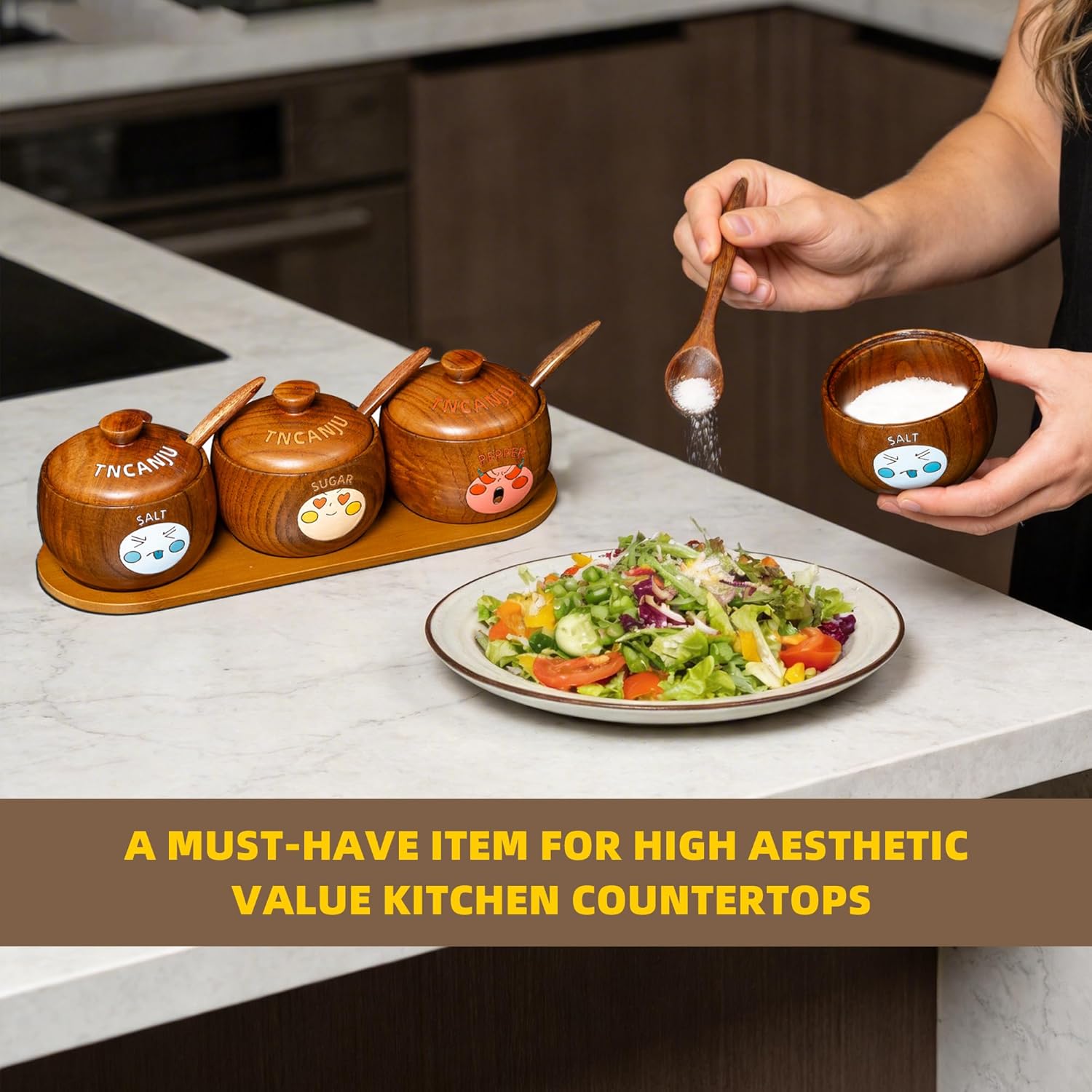 Hand-Painted Wooden Salt Sugar Pepper Container Set, 3-Piece Salt Containers for Countertop with Lids & Spoons, Mineral Paint Spice Jars with Laser Engraved Details & Tray for Kitchen