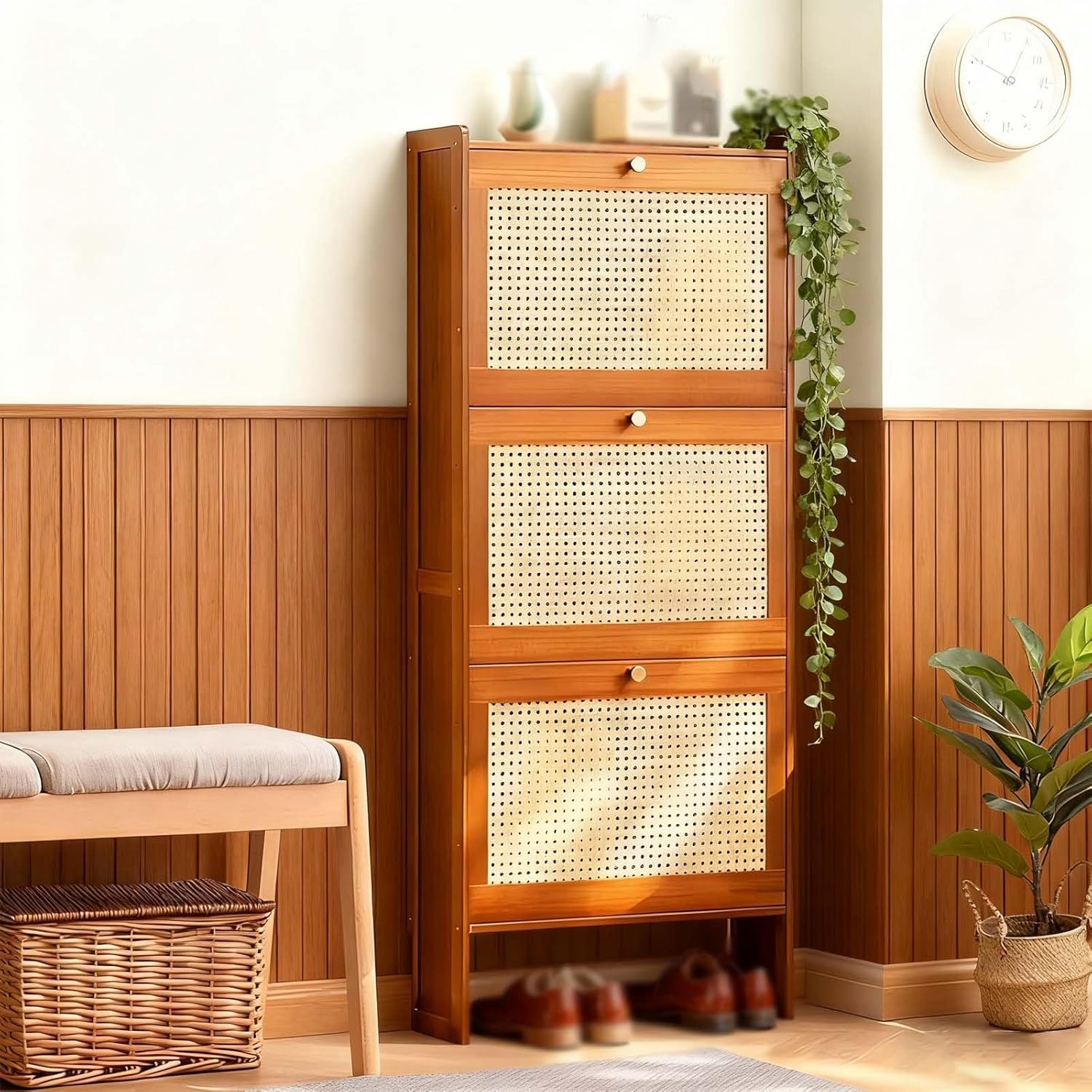 Shoes Storage with 3 Flip Drawers,Free Standing Shoes Racks,Rattan Shoe Cabinet,Ultra Slim Bamboo Shoe Cabinet, Portable Shoerack Organizer,Modern Entryway Shoe Shelf for Closet(Teal,27.5")