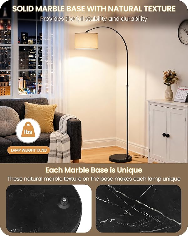 75" Dimmable Arc Lamp with Marble Base, Adjustable Height,White Linen Shade by GOEBLESON - Used condition - Image 2