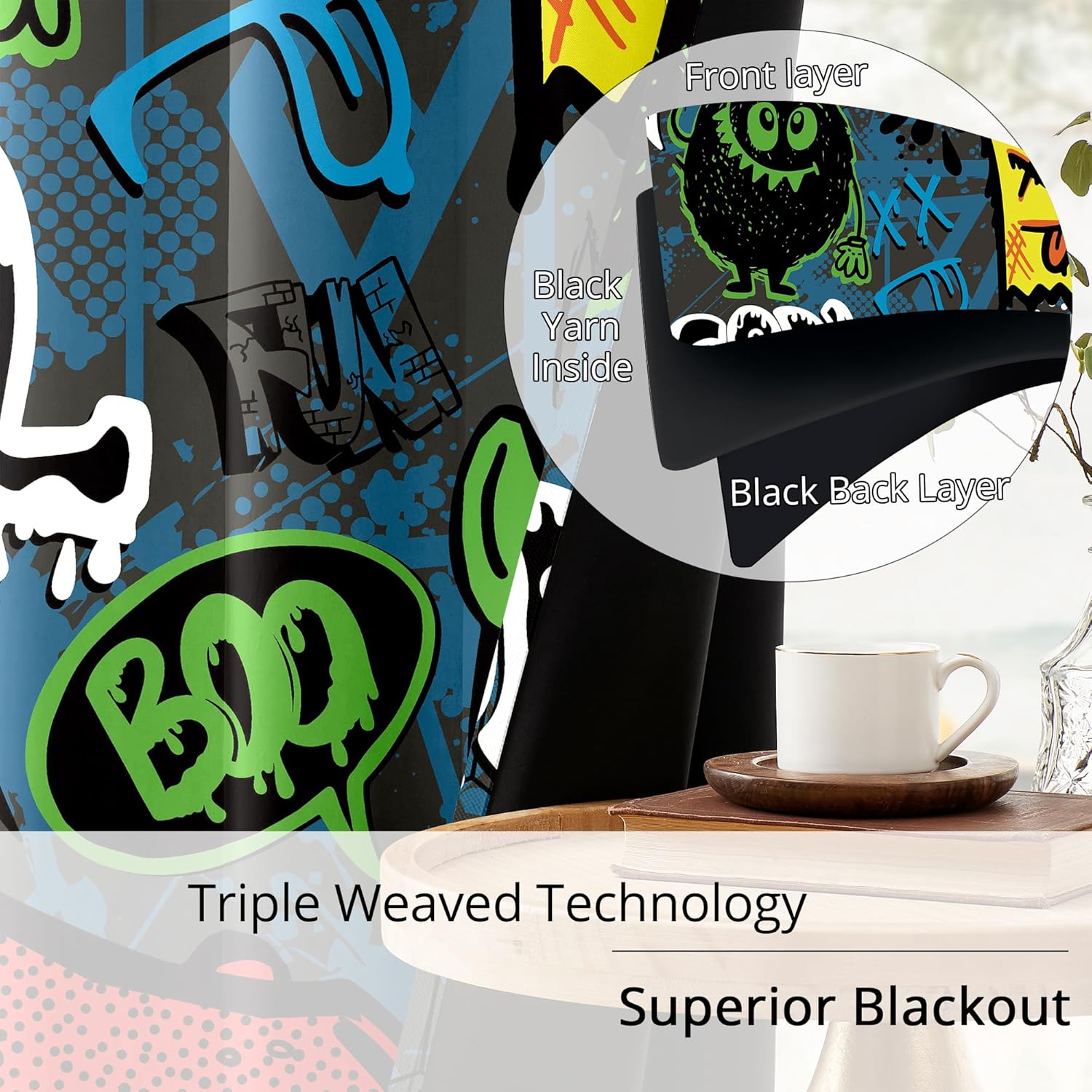 Teen Graffiti Blackout Curtains - 100% Blackout, Bold Street‑Art, Thermal Insulated, Noise Reduced, Perfect for Teen Boys Room, Game Room (Monster Skate Graffiti, W52xL84, 2 Panels)