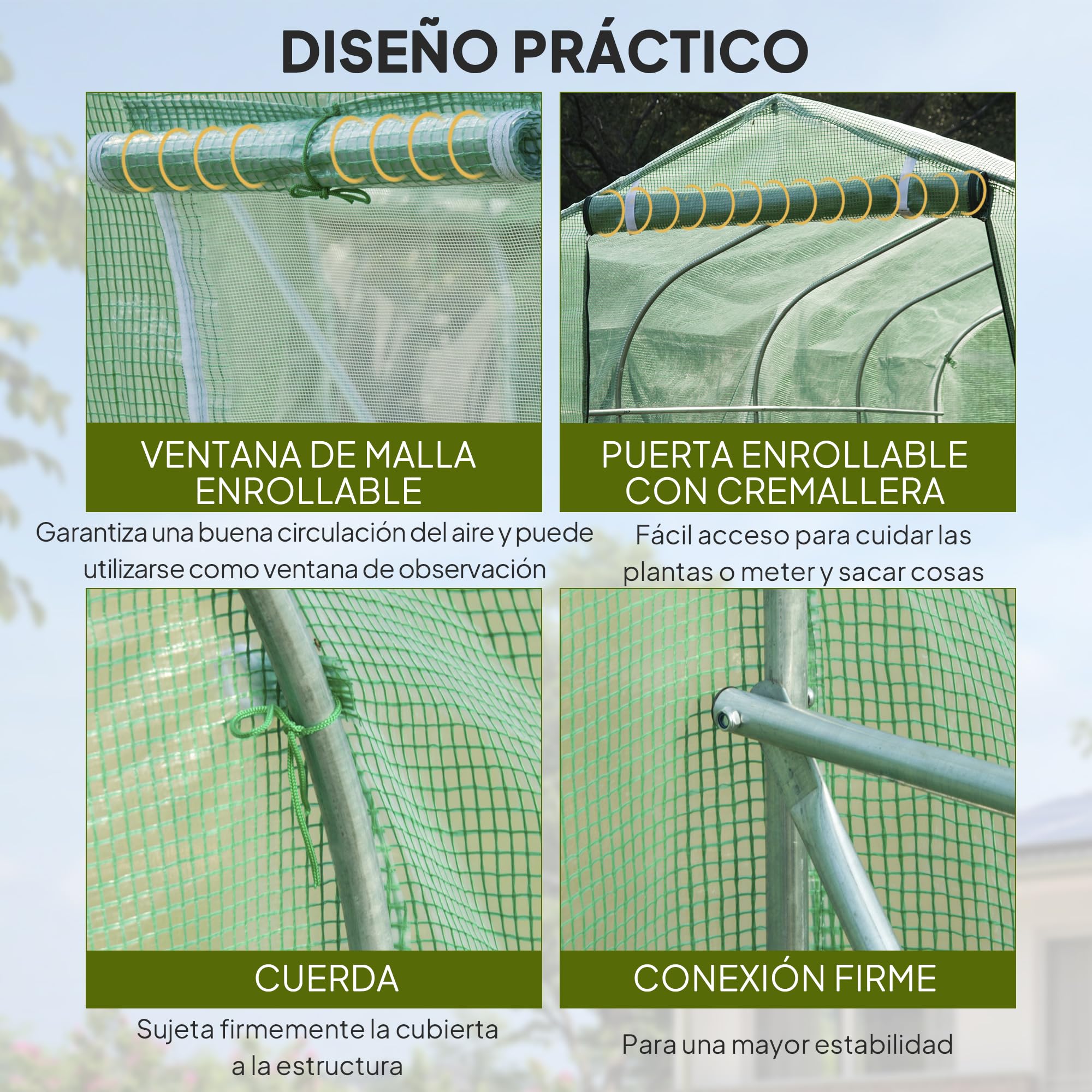 Outsunny Invernadero de Exterior 3x2x2 m Invernadero de Túnel con 6 Ventanas de Malla Puerta Enrollable Cubierta de PE 140g/㎡ Anti-UV Marco de Metal Galvanizado para Patio Jardín Verde