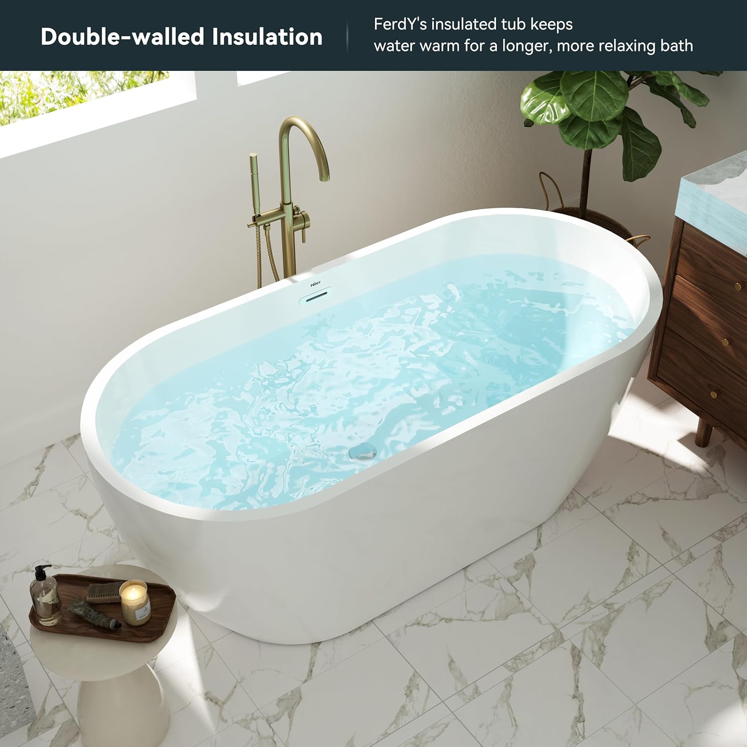 FerdY Nauru 59" Freestanding Bathtub,Gracefully Shaped Freestanding Soaking tub, Glossy White, cUPC Certified, Chrome Drain& Bath Pillow for Bathtub,Thick Tub Pillows, Breathable 4D Air Mesh