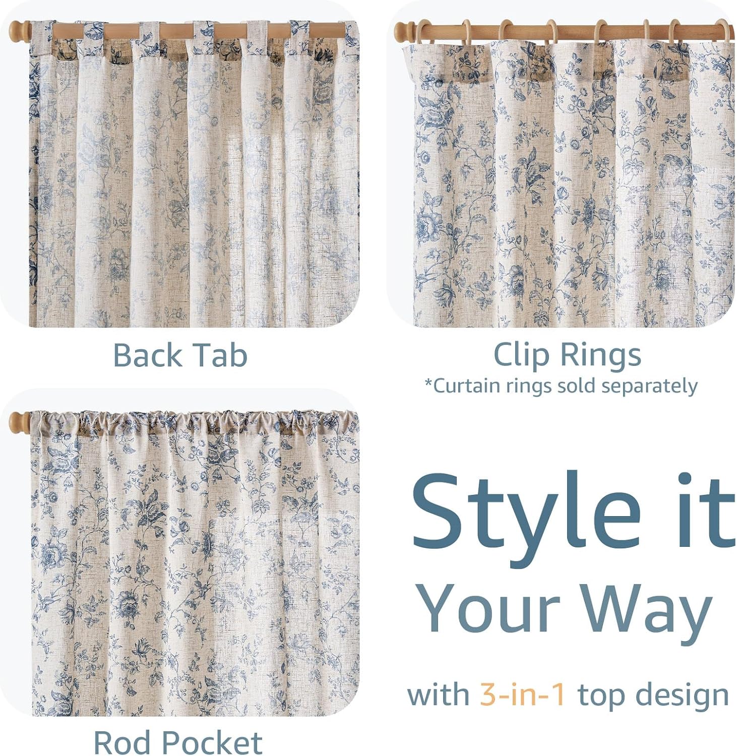 jinchan Amlie Linen Floral Curtains 84 inch Length Curtains for Living Room Bedroom Farmhouse Country Decor Drapes Light Filtering Window Treatment Back Tab Rod Pocket 2 Panels Blue