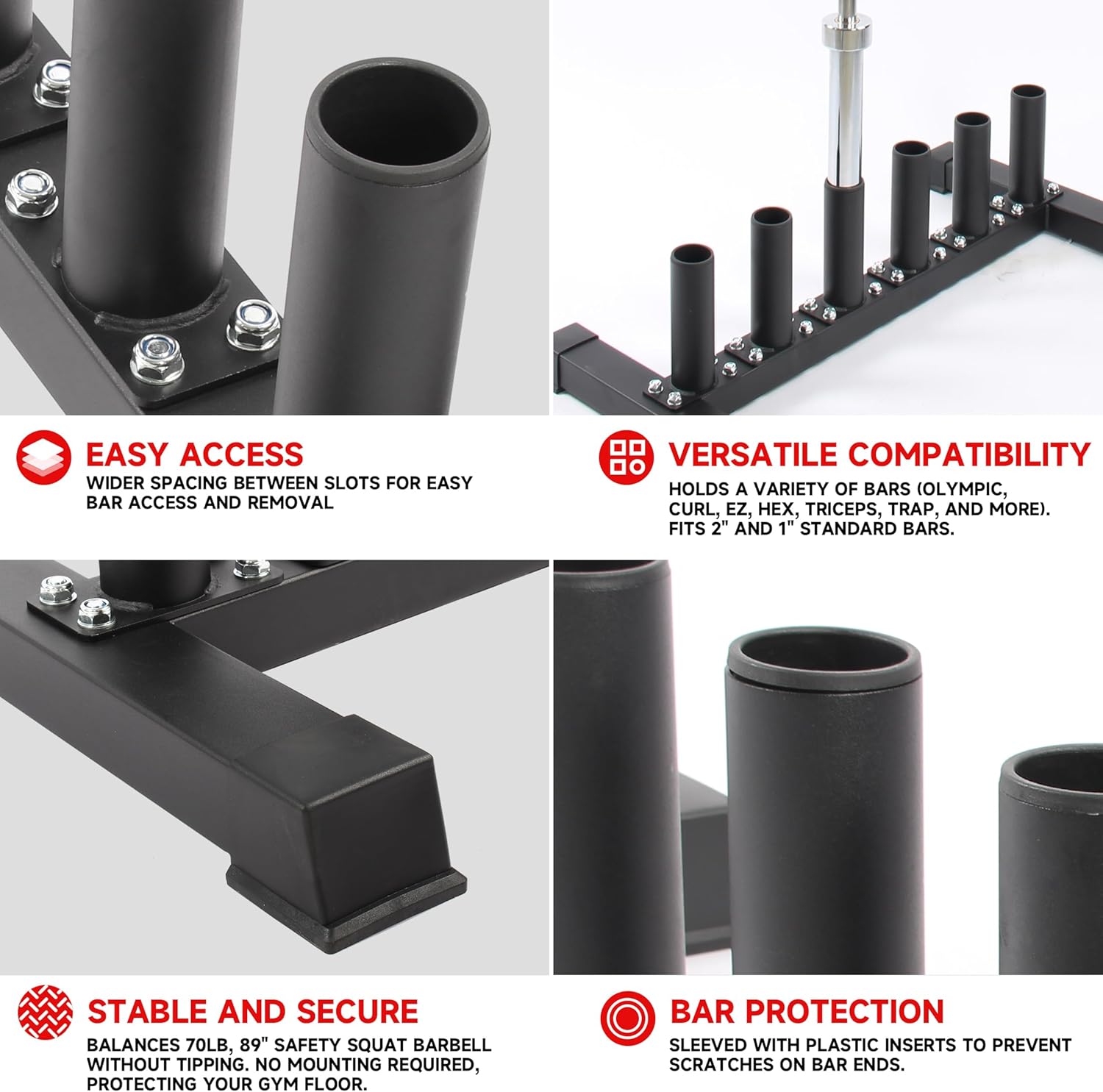 Freestanding Barbell Holder, Vertical 6 Bar Storage Rack for 2" Olympic Bars, Durable Barbell Stand, Space-Saving Floor Stand for Weight Bar and Specialty Bars