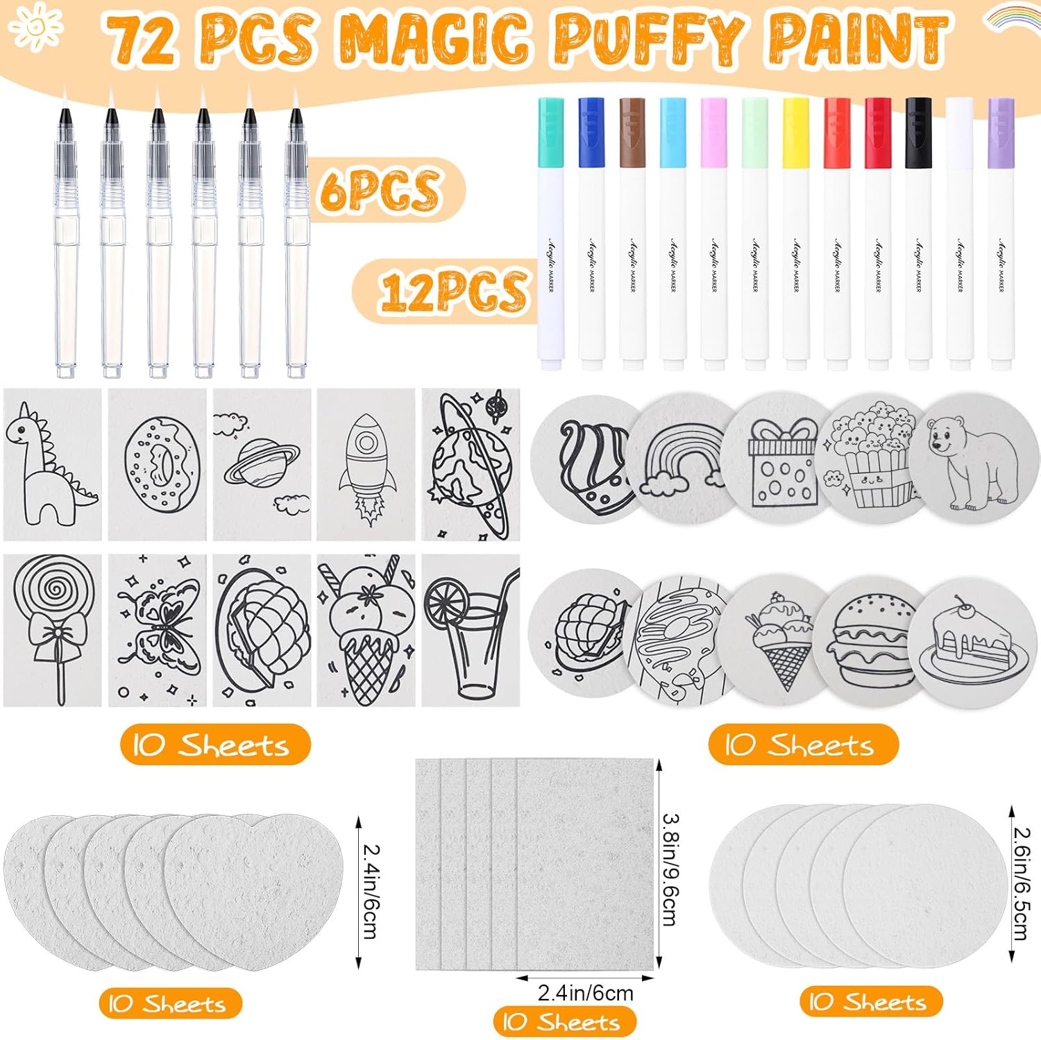 Humyoun 68 Pcs Magic Foam Texture Painting Kit Magic Puffy Paint Include 12 Colors Acrylic Markers Pen and 6 Water Brush for DIY Painting Art Craft Party Supplies