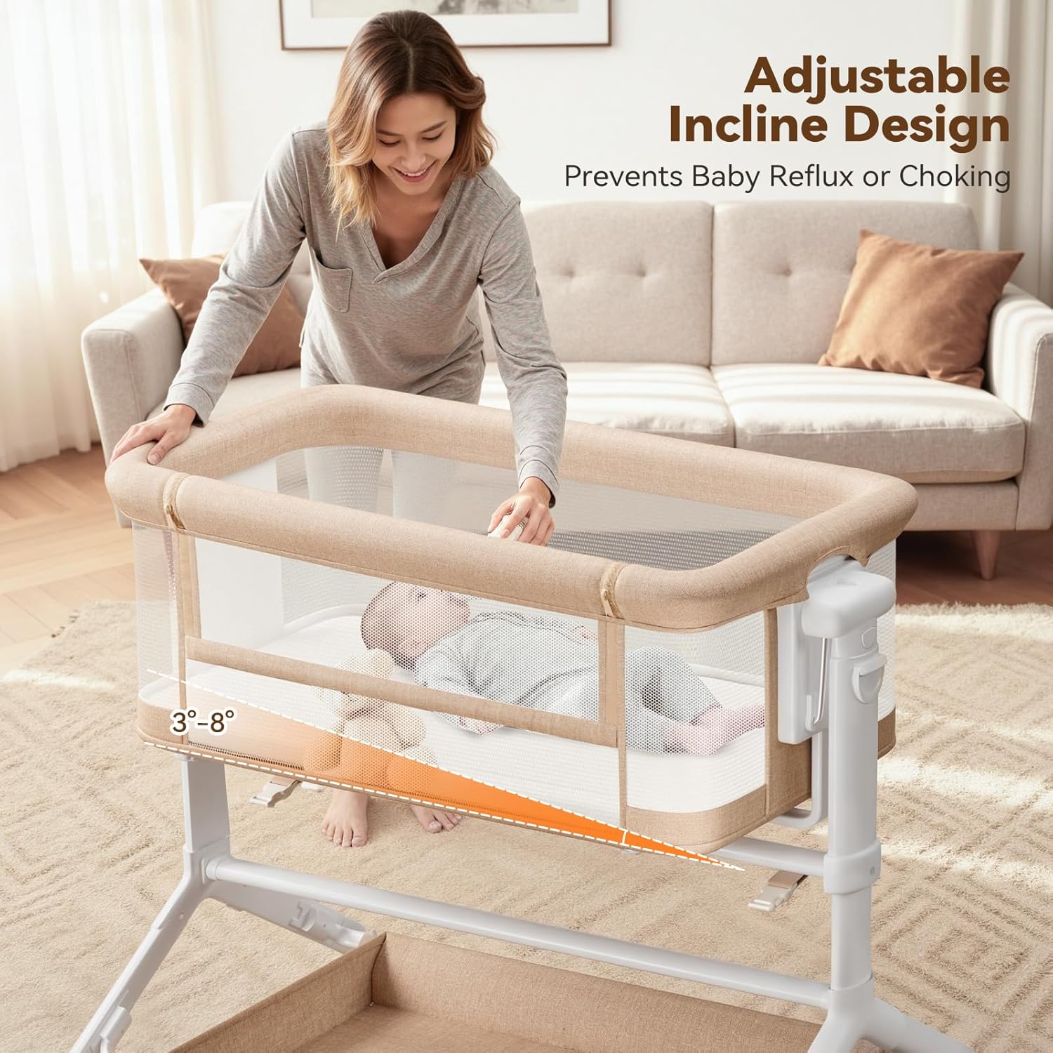 COMOMY Baby Bassinets Bedside Sleeper, 3 in 1 Baby Bassinet Bedside Crib with Mattress and Soft, Breathable Sheet, Full-Mesh Sides, 6-Height Adjustable, Easy Folding Portable Crib for Newborn Infants