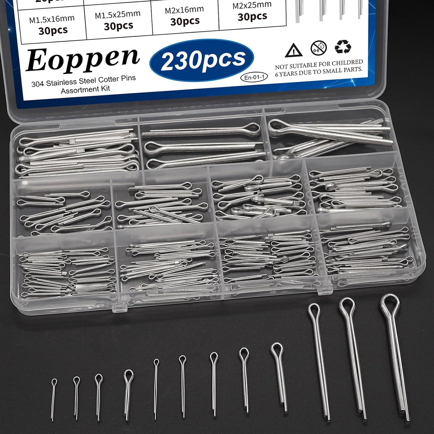 230Pcs Cotter Pin Assortment Kit - 304 Stainless Steel 12 Sizes Cotter Pin Set for Hitch Pin Lock Systems