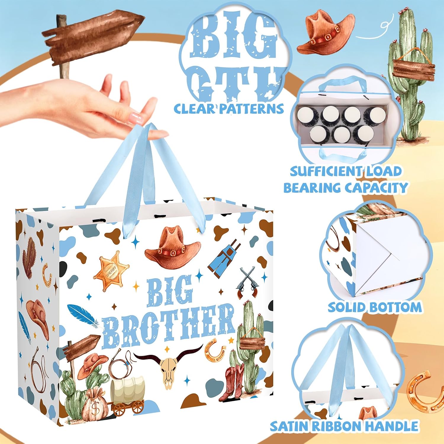 Cowboy Big Brother Gift Bag with Blue Tissue Paper and Card Large Big Bro Gift Bag for Boys Western Horse Boots Cactus Theme Wrapping Paper New Brother Party Decor for Little Boy Birthday 11.8in
