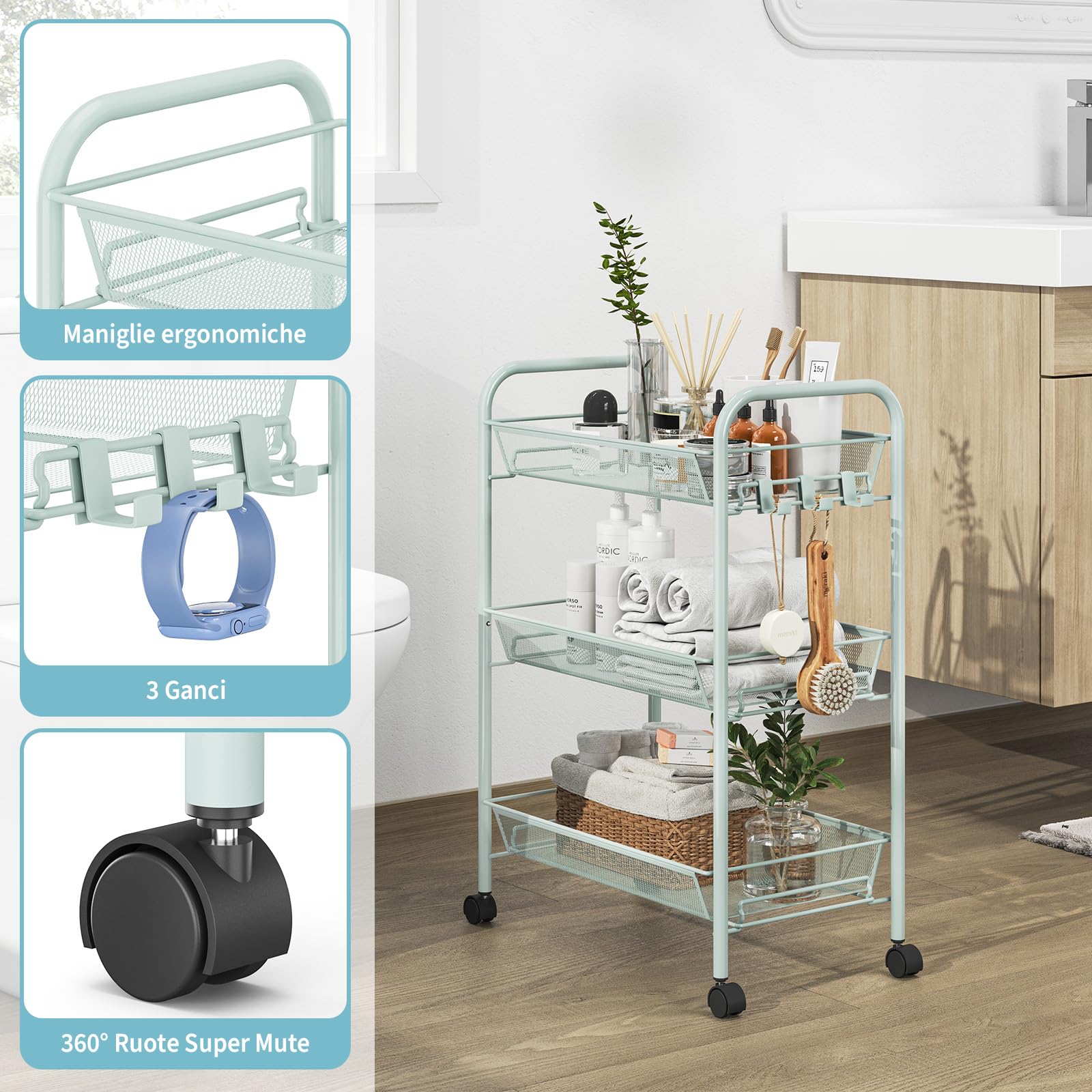 Urackify Carrello multifunzione portatile da cucina a 3 ripiani, per bagno, cucina e lavanderia. Metallo antiruggine, cestino a rete traspirante e gancio laterale inclusi. Facile da montare,verde