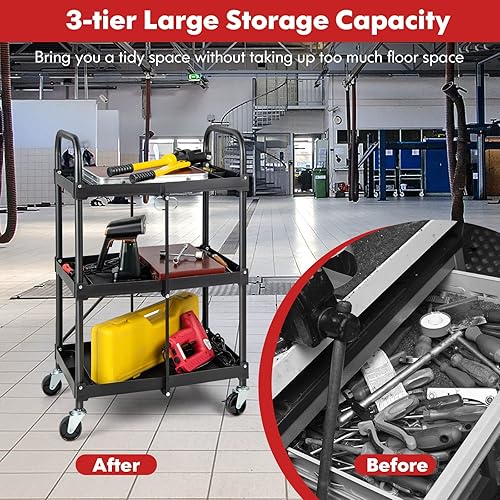 Miniatura 6 de S AFSTAR Carrito de almacenamiento plegable de 3 niveles con ruedas, organizador de herramientas rodantes con ruedas universales y pasamanos,