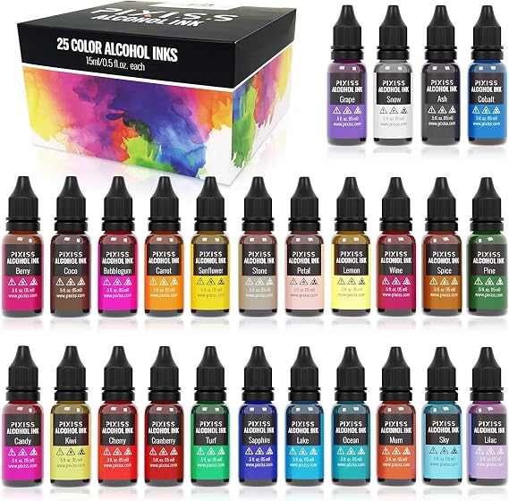 Pixiss Alcohol Ink Set - 25 Large Highly Saturated Colors (15ml/.5oz) and 25 Sheets Pixiss Heavy Weight Paper for Alcohol Ink