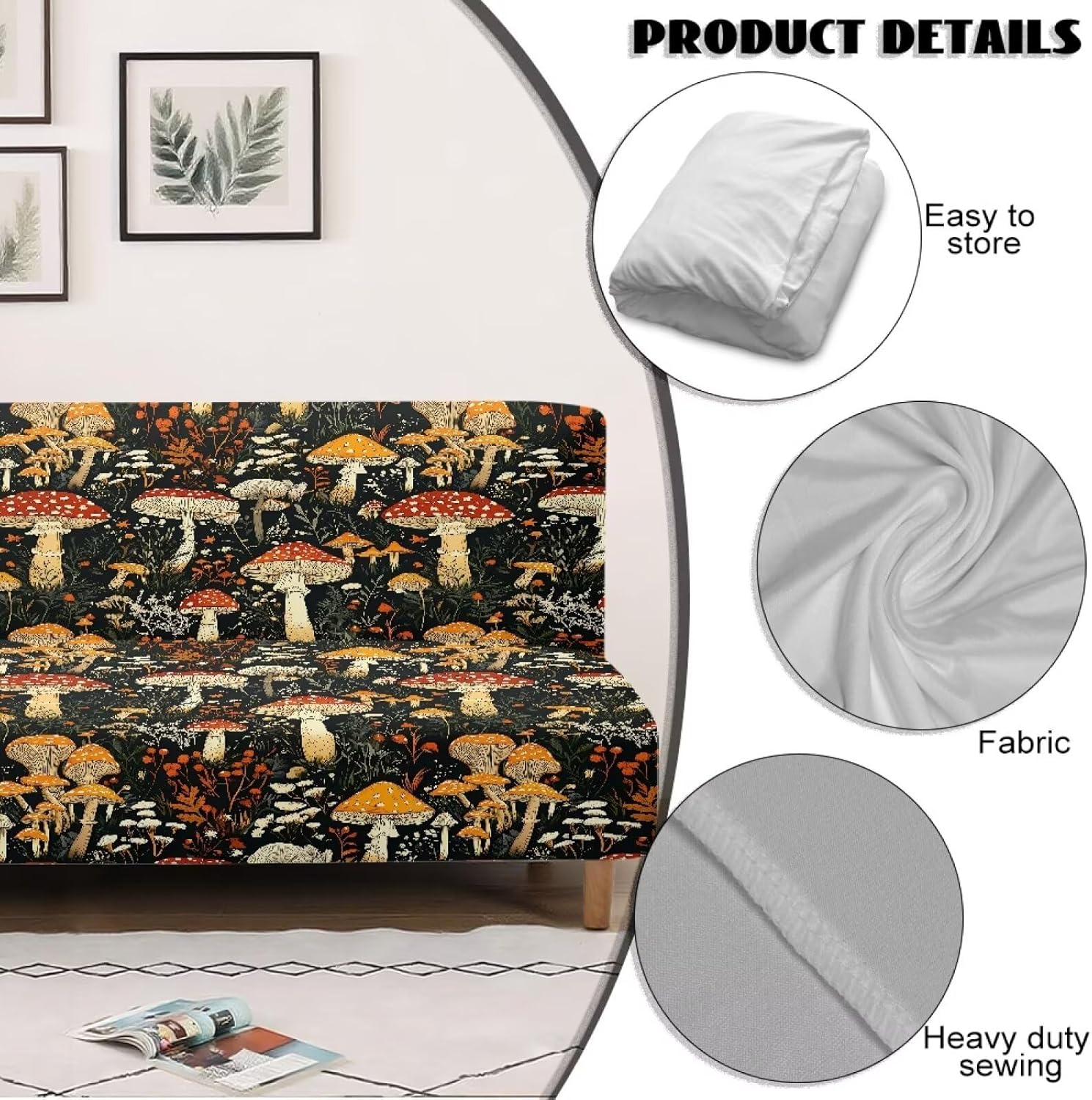 Mushroom Stretch Armless Sofa Bed Cover, Easy to Install Couch Slipcover Without Armrests, Washable Folding Futon Cover, Non-Slip Futon Sofa Bed Slipcover with Elastic Bottom