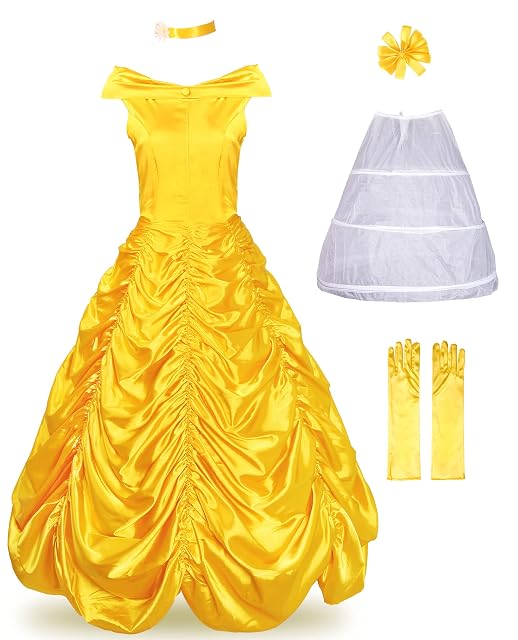 JerrisApparel Disfraz Princesa Belle Adultos Vestido Carnaval Navidad con Enagua (S, Amarillo)