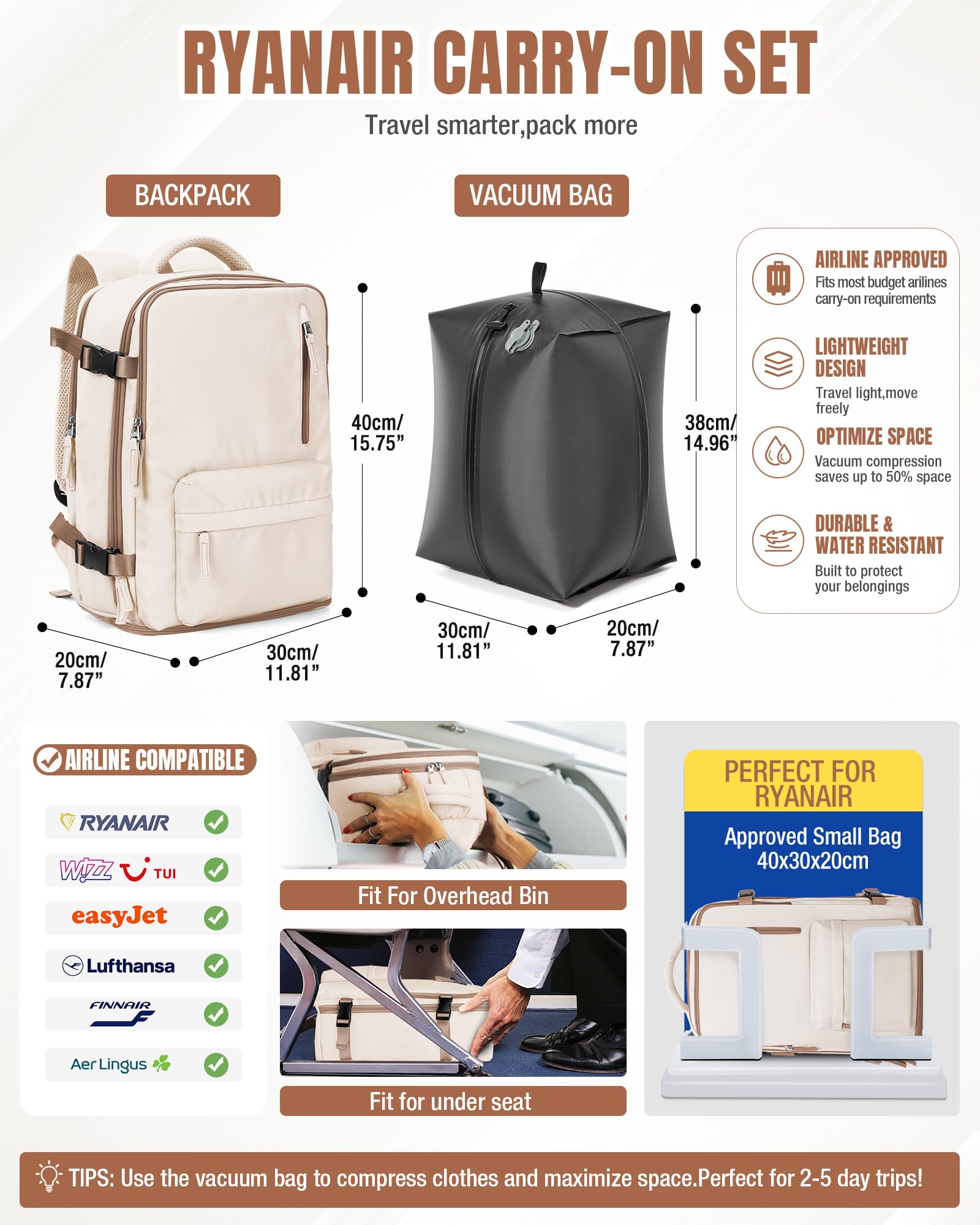 BJLFS Mochila Viaje al Vacio con Bomba Mochila Viaje Cabina Avion 40x30x20 Ryanair Mujer Equipaje de Mano 40x30x20 Wizzair Vueling Easyjet Bolsa de Viaje Hombre Mochilas para Computadoras portátiles