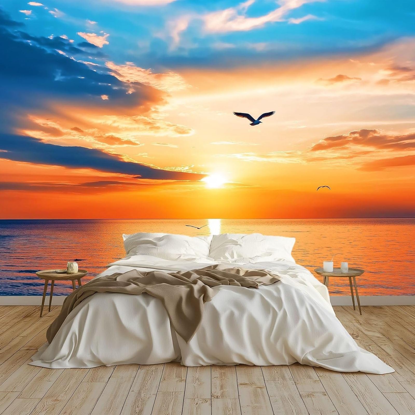 kfjhgbdshhj Wallpaper Sea Sunset Seagulls Decoration Study Room Living Room Restaurant Cafe Decor, Orange Color, 200cm x 140cm