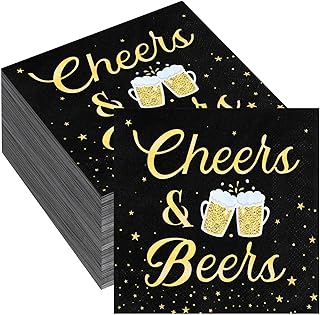 Honoson 100 Pcs Cheers & Beers Paper Napkins 2 Ply Disposable Cheers & Beers Print Napkins for Birthday, Bachelorette, Bar Party Supplies (Black Gold,Regular)