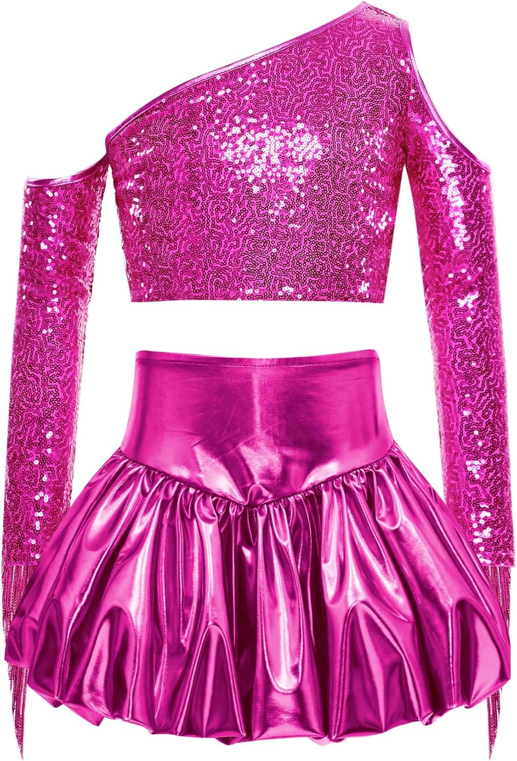 ranrann Girl's 2 Piece Dance Outfits Jazz Hip Hop Performance Dance Top and Metallic Bubble Skirts Set Hot Pink 14 Years