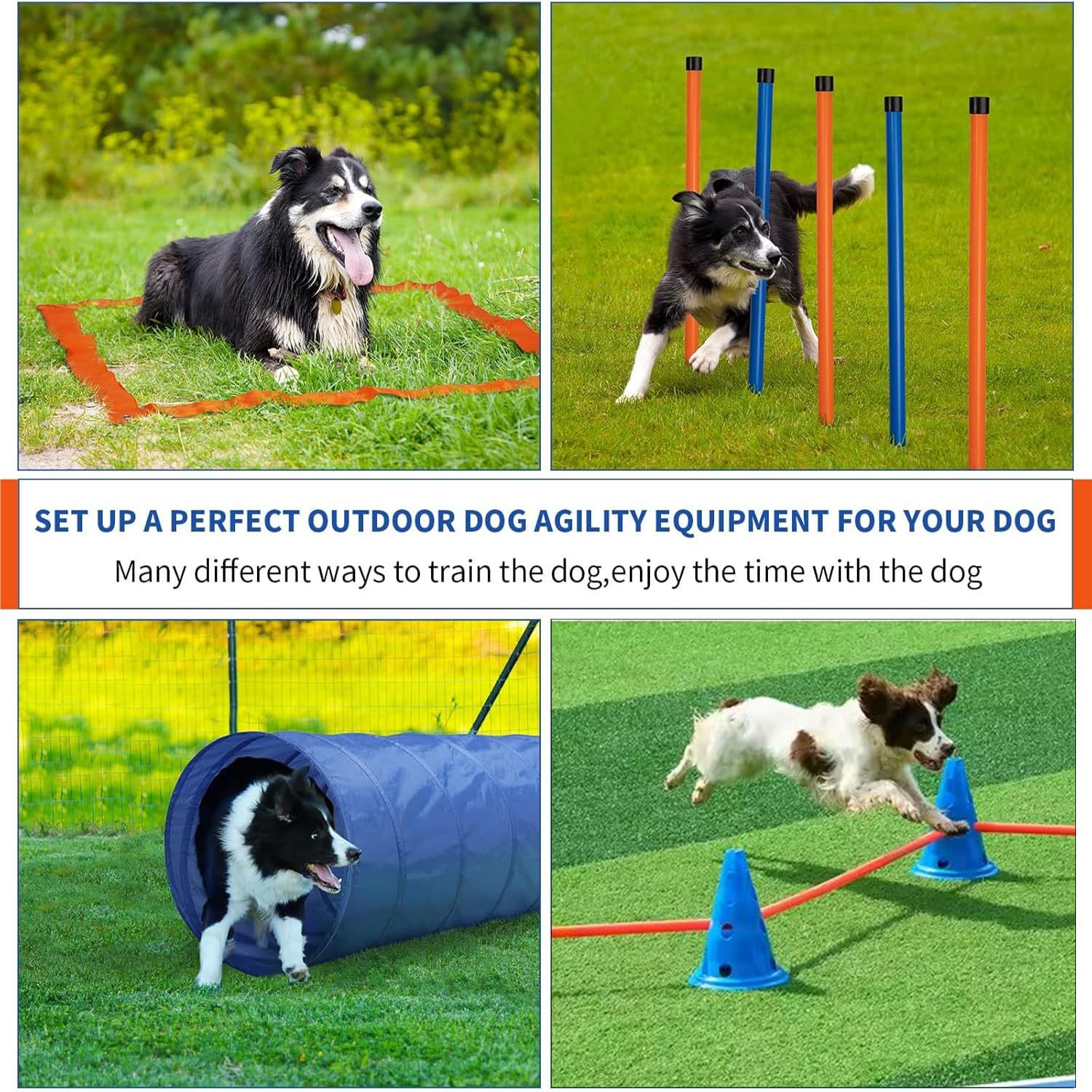 Agility Perros,Equipo De Entrenamiento De Agilidad, Equipado Con Túnel Para Perros, Vallas, 8 Postes De Slalom,2 Juguetes De Pelota De Tenis, Caja De Descanso, Postes De Marcación, 3 Barras Cortas