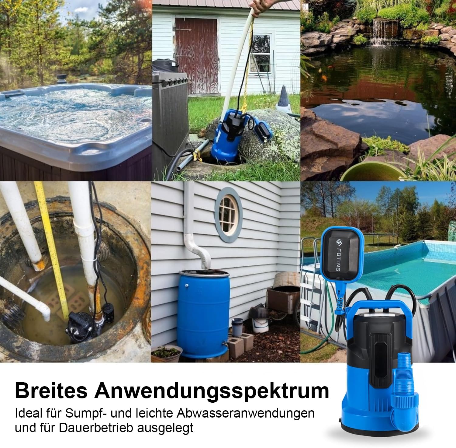 FOTING Flachabsaugpumpe 550 W, 17.000 l/h, Förderhöhe bis 9 m, Eintauchtiefe bis 7 m, flachabsaugend bis 1 mm, für Pool, Keller und Entwässerung