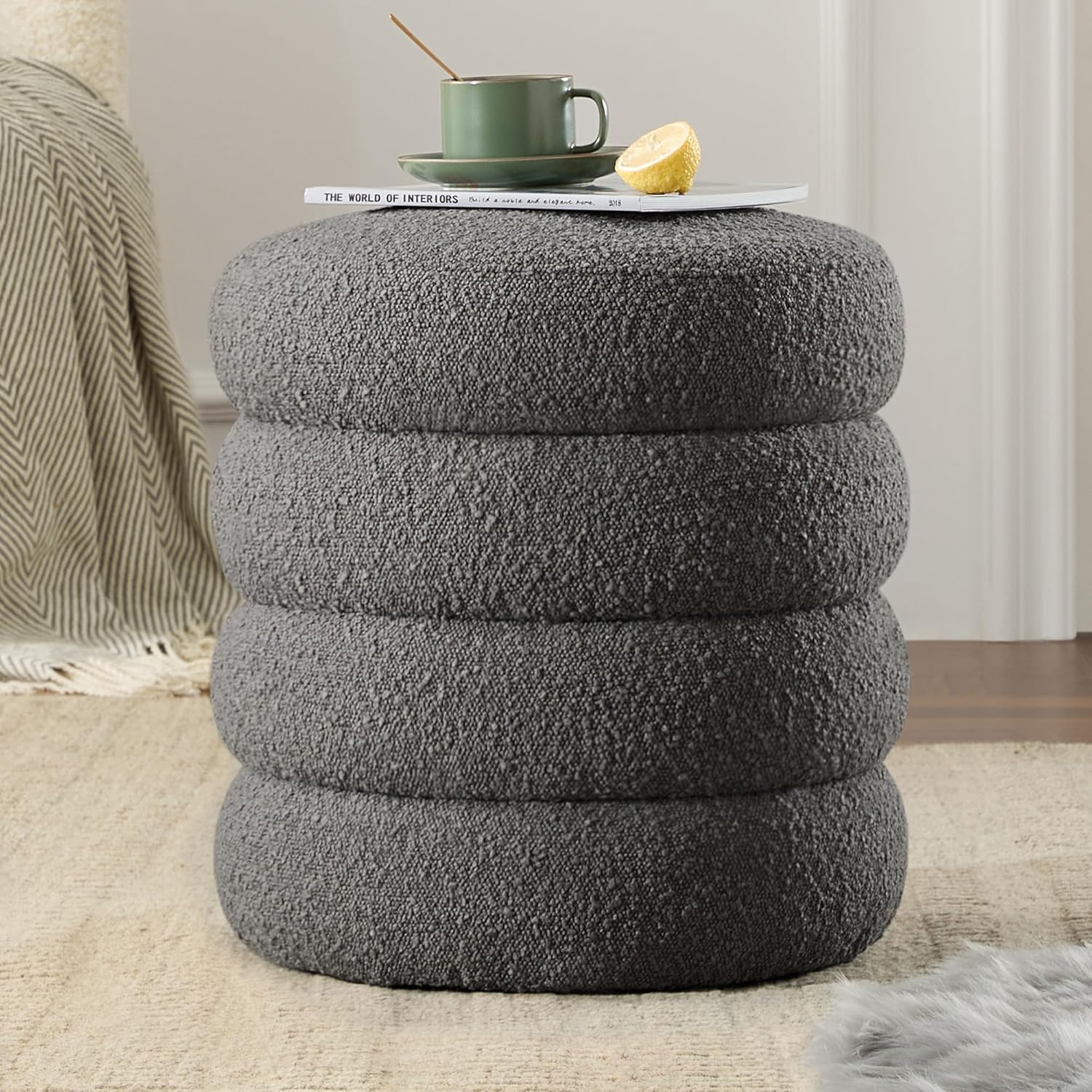Round Ottoman with Storage Boucle Ottoman Stool Removable Lid for Living Room Modern Upholstered Vanity Storage Stool Foot Rest Bedroom Dorm Gifts Set of 2 (Green)