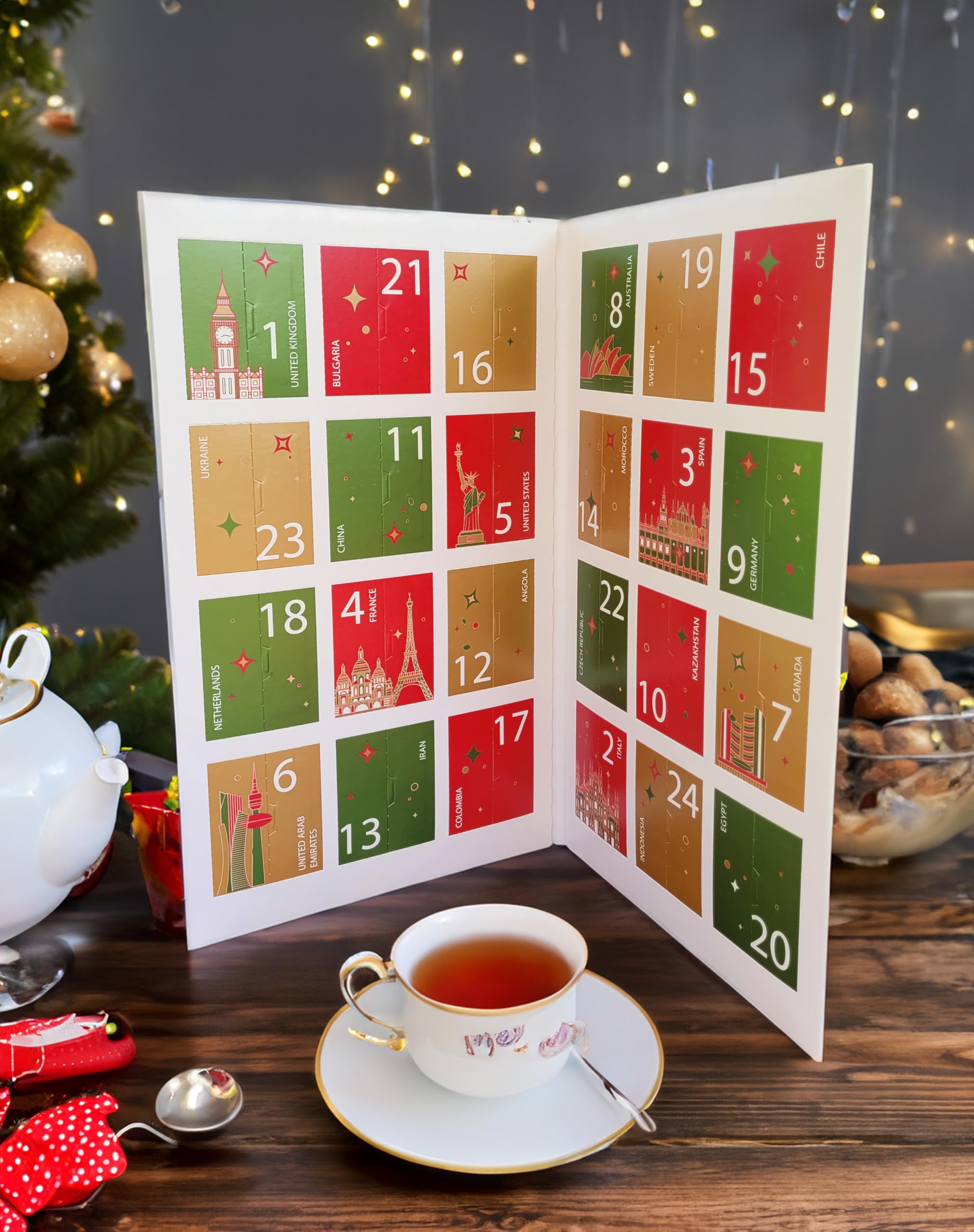 Ahmad Tea Té Calendario de Adviento 2025 - Calendario de Escritorio Plegable - 24 Bolsitas de Té Diferentes - 46,8g
