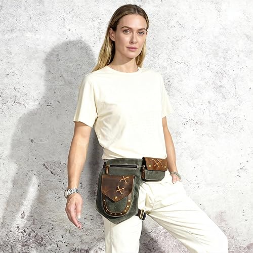 Miniatura 2 de Handadsume Lona resistente al agua más cuero motocicleta riñonera un hombro gota pierna muslo bolsa para hombres mujeres N211-8, El Verde Ejército,