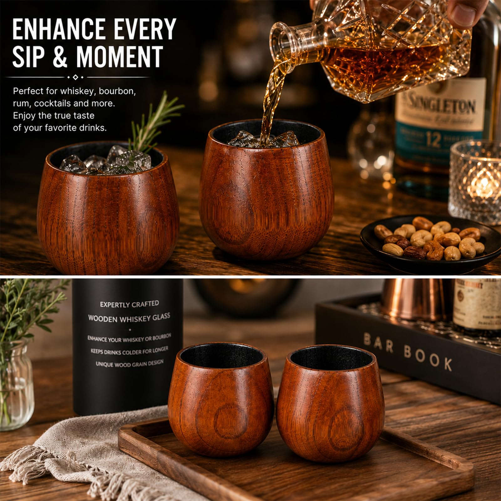 Verre à Whisky en Bois, Lot de 2 Verres à Dégustation Old Fashioned avec Intérieur Carbonisé pour Adoucir le Goût, Verre à Bourbon et Rhum, Design Évasé pour Amplifier les Arômes
