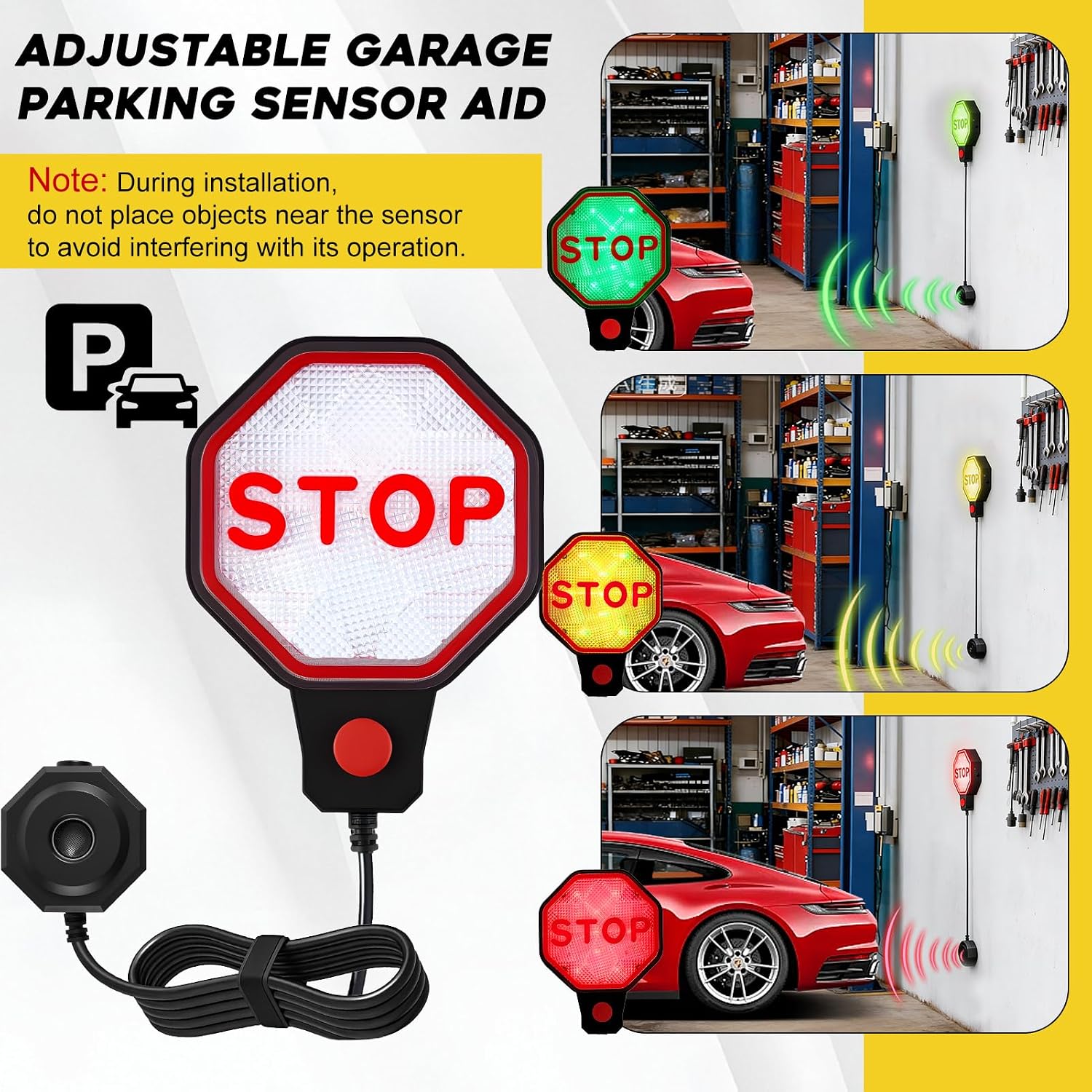 Strdfeve Garage Parking Sensor for Cars – Adjustable LED Parking Aid with Red/Yellow/Green Indicator, 6"–6 ft Stop Distance